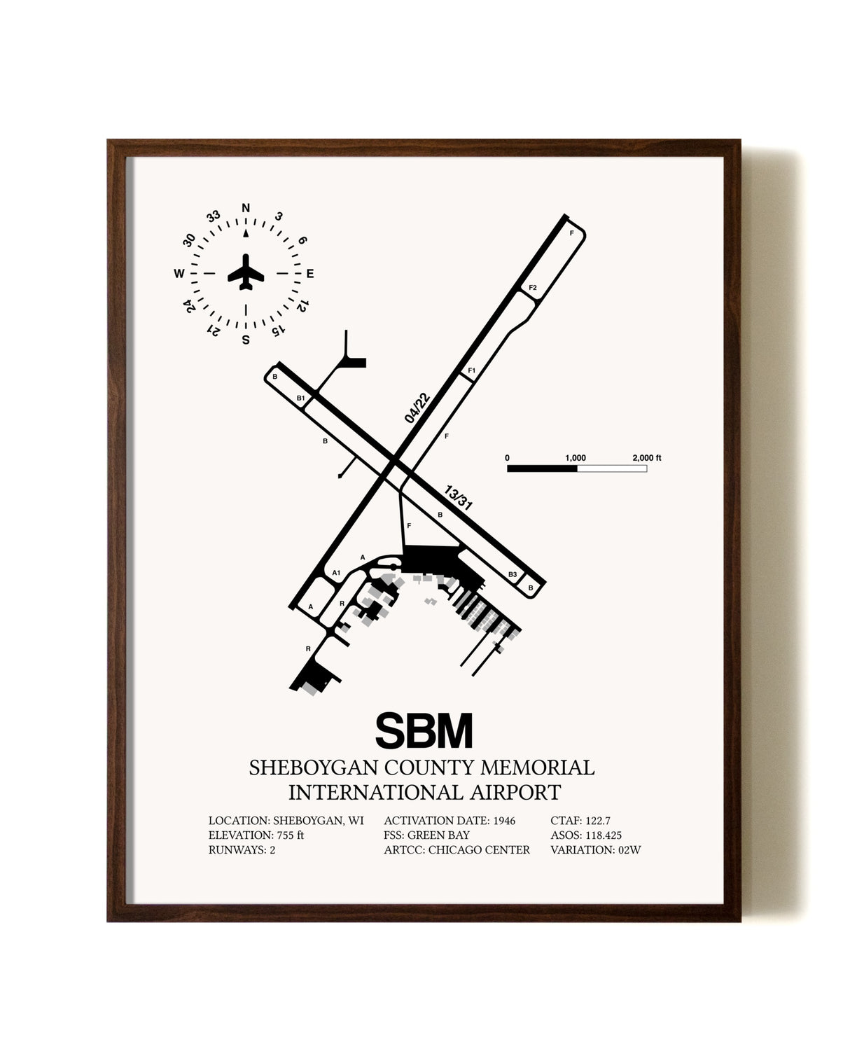 Sheboygan County Memorial International Airport aviation print in walnut frame