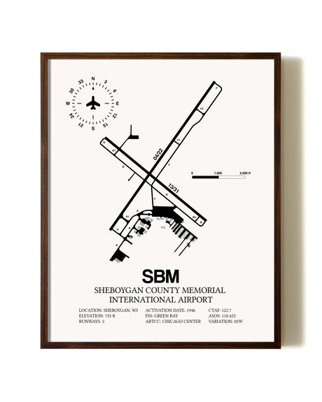 Sheboygan County Memorial International Airport aviation print in walnut frame
