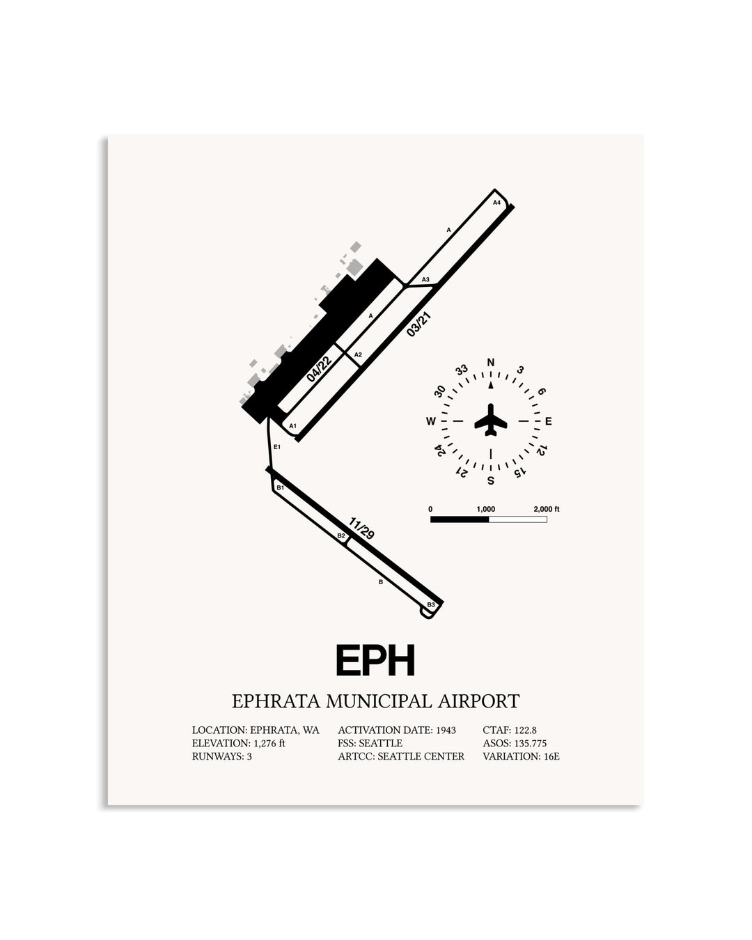 Gray Ephrata Municipal Airport framed poster displayed in an airplane hangar