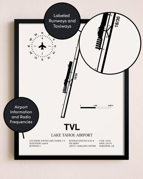 Framed Lake Tahoe Airport layout wall art poster
