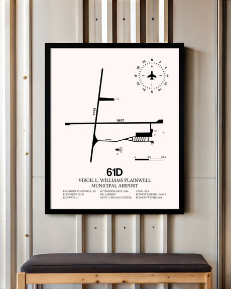 Virgil L. Williams Plainwell Municipal Airport framed poster displayed in an airplane hangar