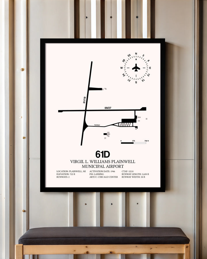 Virgil L. Williams Plainwell Municipal Airport framed poster displayed in an airplane hangar
