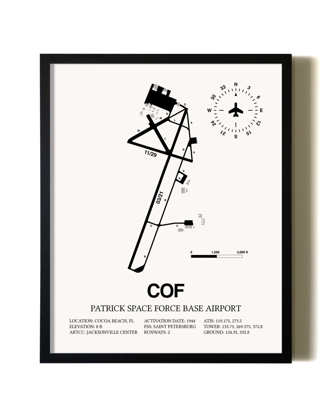 Framed Patrick Space Force Base Airport wall art poster in black frame
