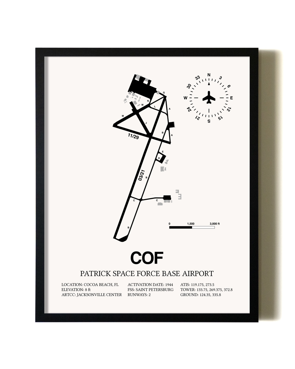 Framed Patrick Space Force Base Airport wall art poster in black frame