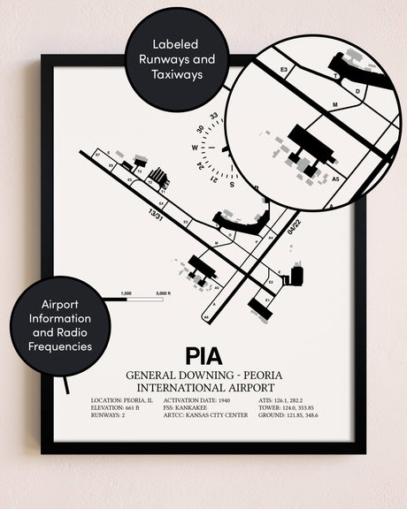 Framed General Downing-Peoria International Airport layout wall art poster