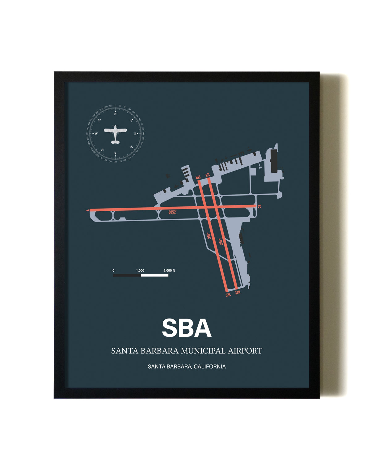 Framed Santa Barbara Municipal Airport wall art poster in black frame