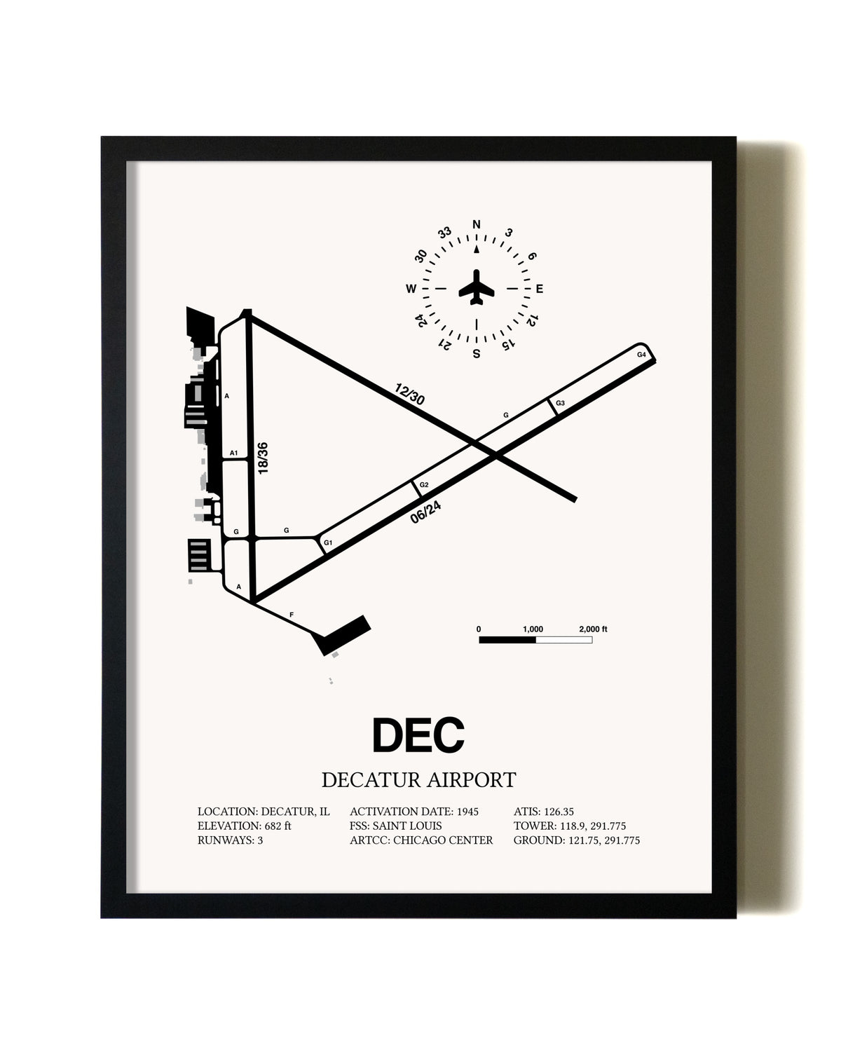 Framed Decatur Airport wall art poster in black frame