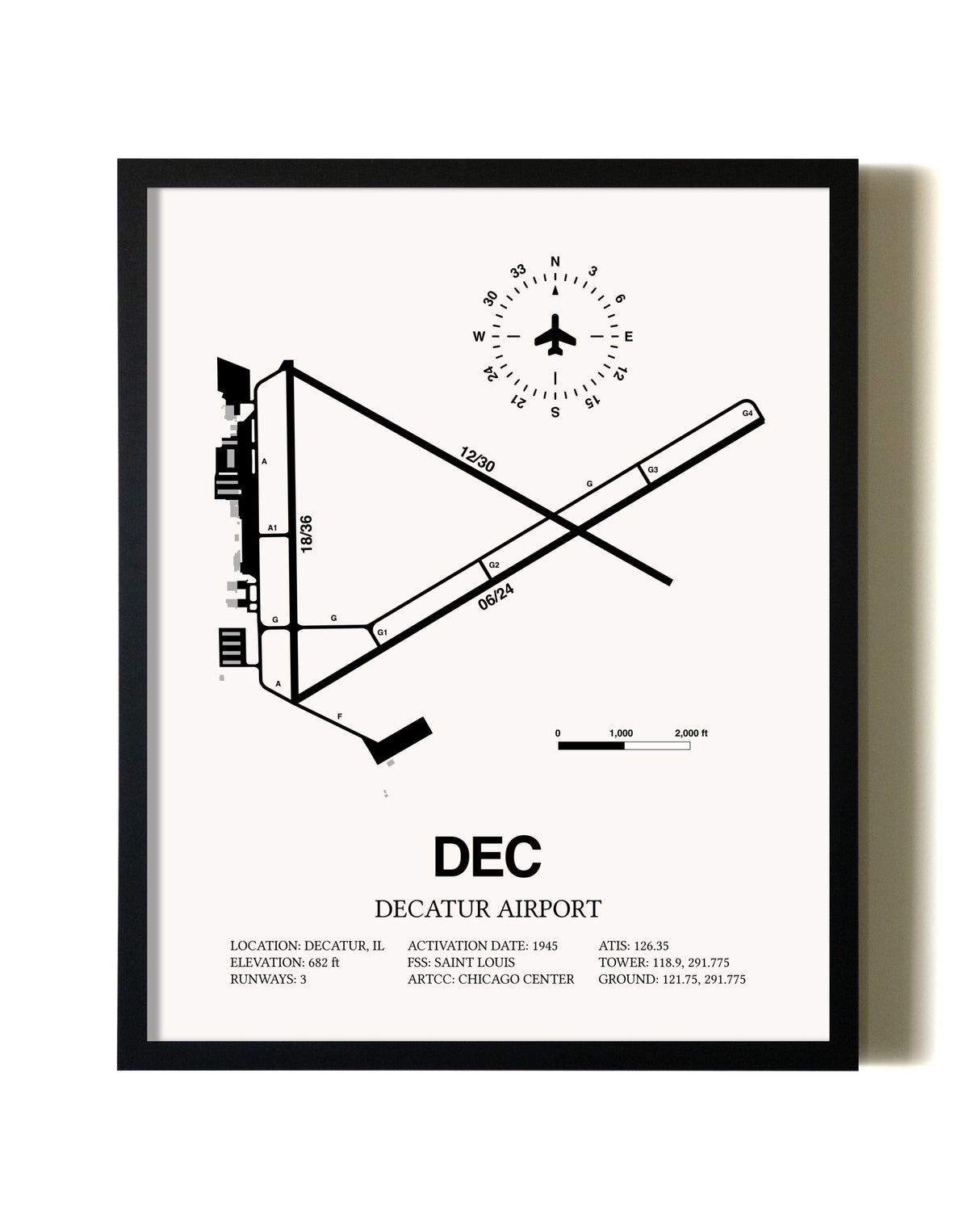 Framed Decatur Airport wall art poster in black frame
