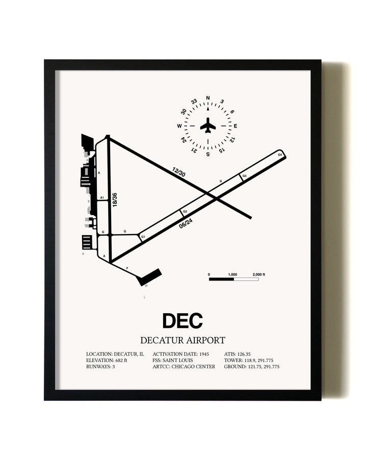 Framed Decatur Airport wall art poster in black frame