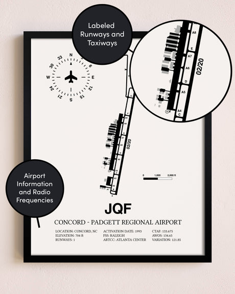 Framed Concord-Padgett Regional Airport layout wall art poster