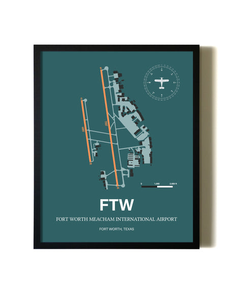 Green Fort Worth Meacham International Airport aviation wall décor in black wood frame