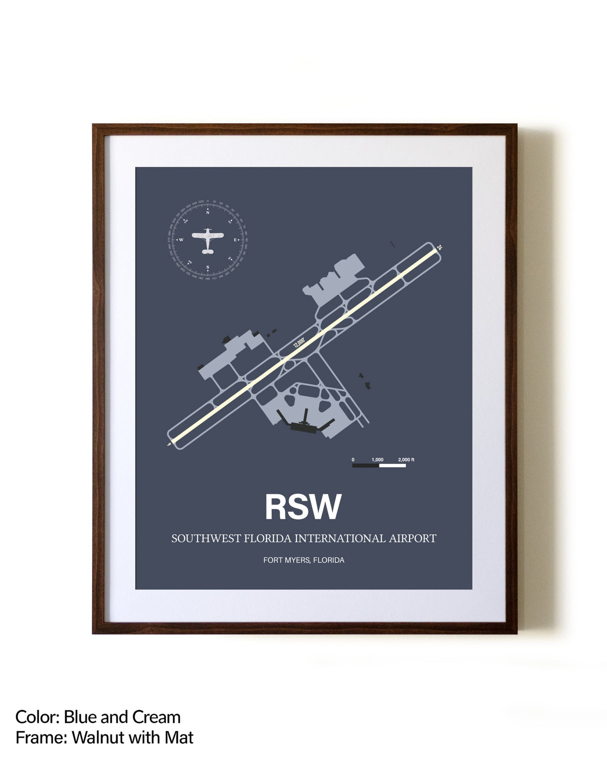 Southwest Florida International Airport aviation print in walnut frame with mat
