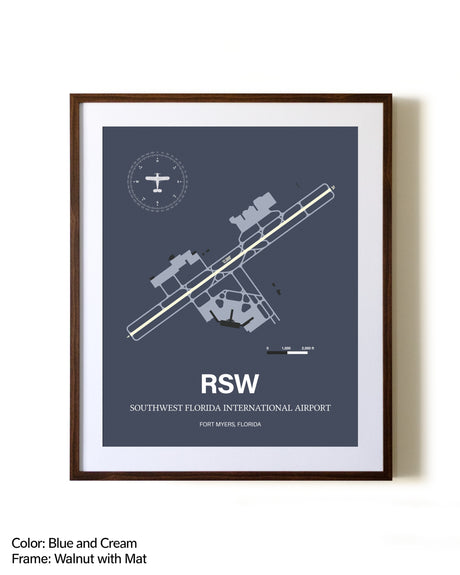 Southwest Florida International Airport aviation print in walnut frame with mat