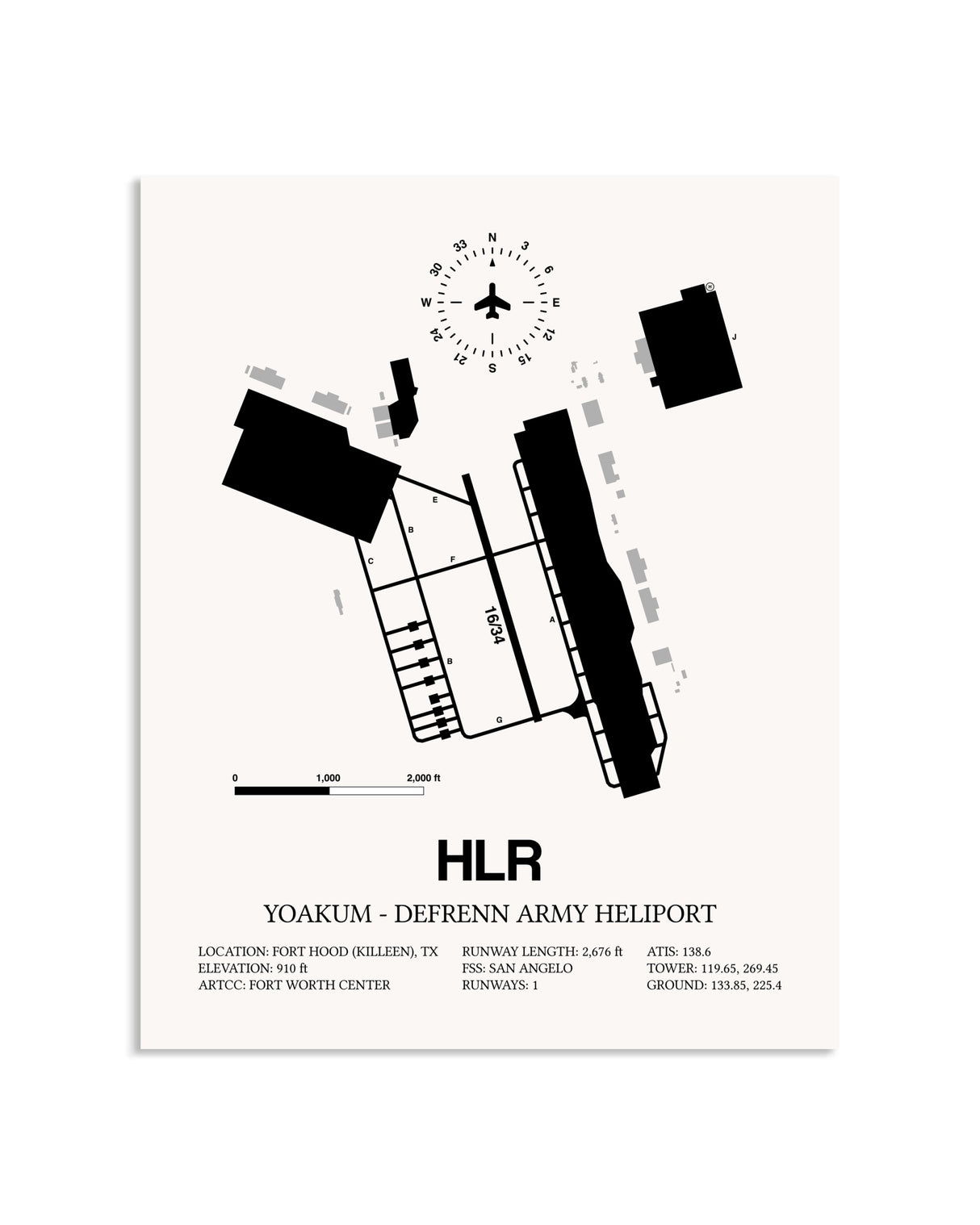 Gray Yoakum-Defrenn Army Heliport framed poster displayed in an airplane hangar