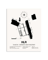 Gray Yoakum-Defrenn Army Heliport framed poster displayed in an airplane hangar