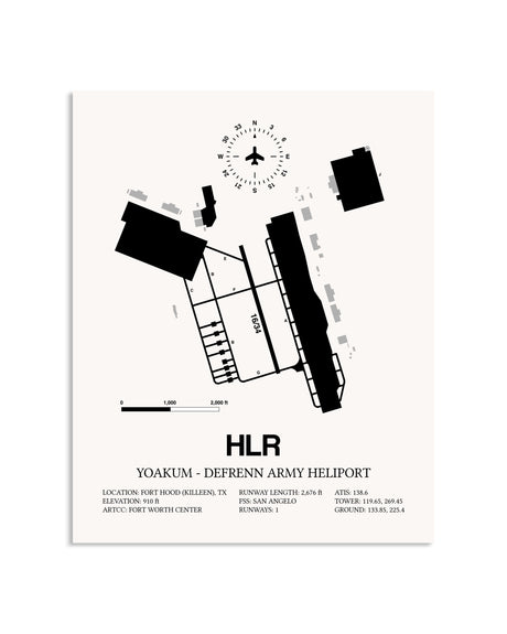 Gray Yoakum-Defrenn Army Heliport framed poster displayed in an airplane hangar