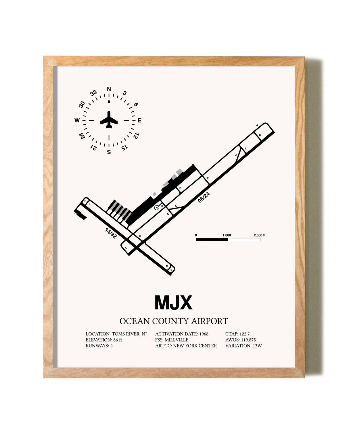 Ocean County Airport framed print in natural wood frame