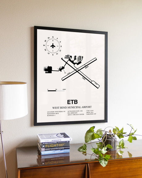West Bend Municipal Airport aviation wall décor in black wood frame