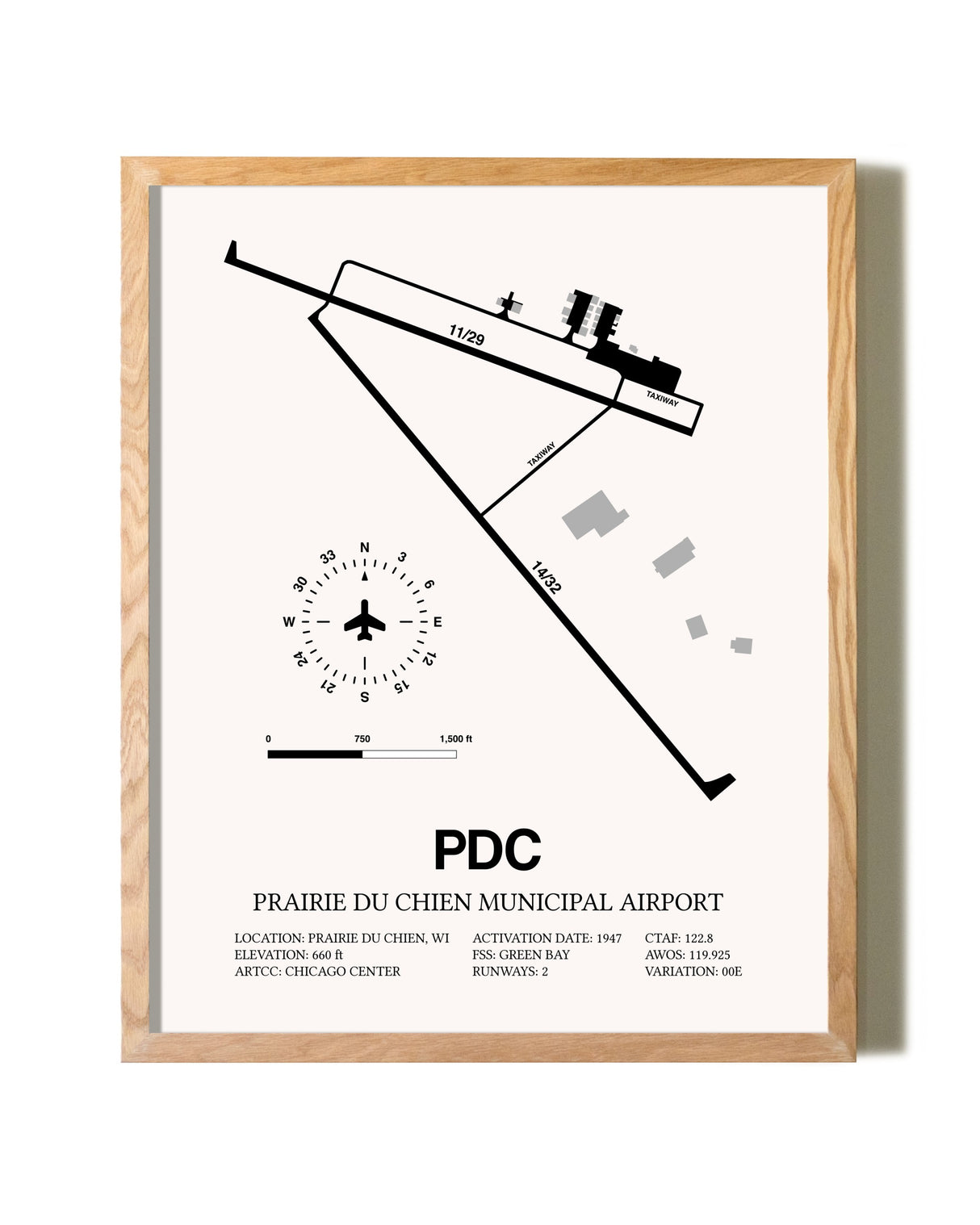 Prairie Du Chien Municipal Airport framed print in natural wood frame