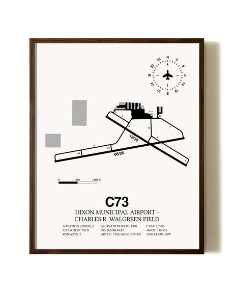 Dixon Municipal Airport-Charles R. Walgreen Field aviation print in walnut frame