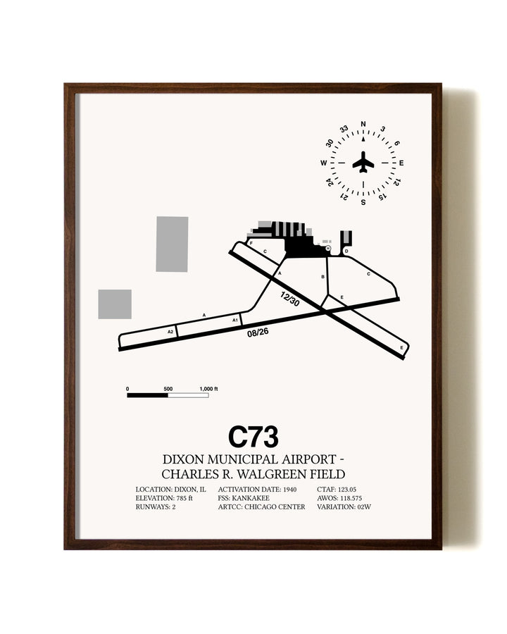Dixon Municipal Airport-Charles R. Walgreen Field aviation print in walnut frame