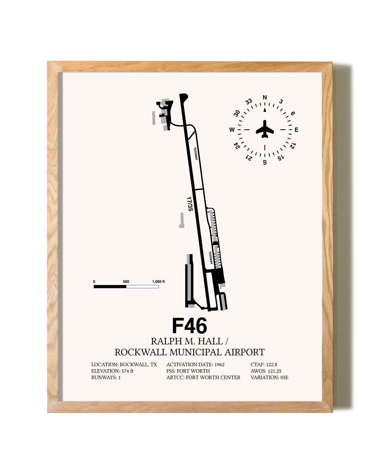 Ralph M. Hall / Rockwall Municipal Airport framed print in natural wood frame