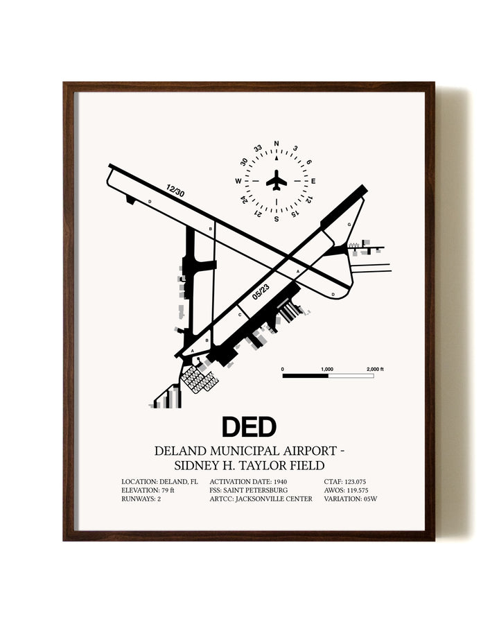 Deland Municipal Airport-Sidney H Taylor Field aviation print in walnut frame