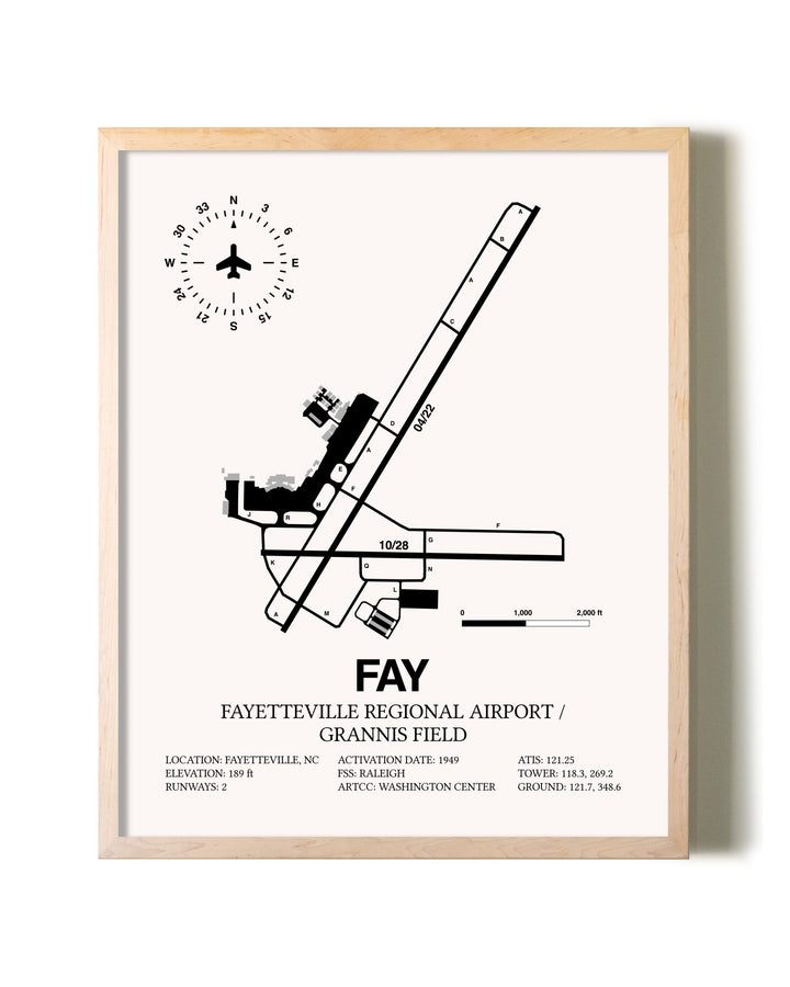 Fayetteville Regional Airport / Grannis Field framed wall art in white frame