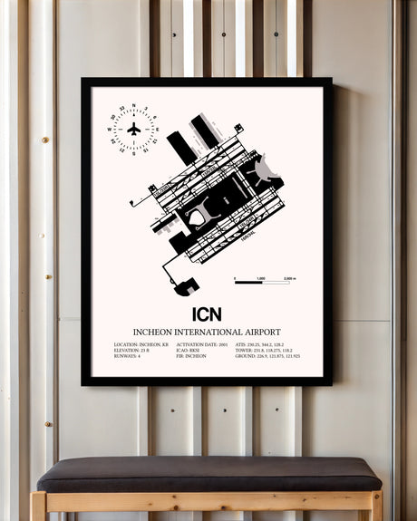 Incheon International Airport framed poster displayed in an airplane hangar