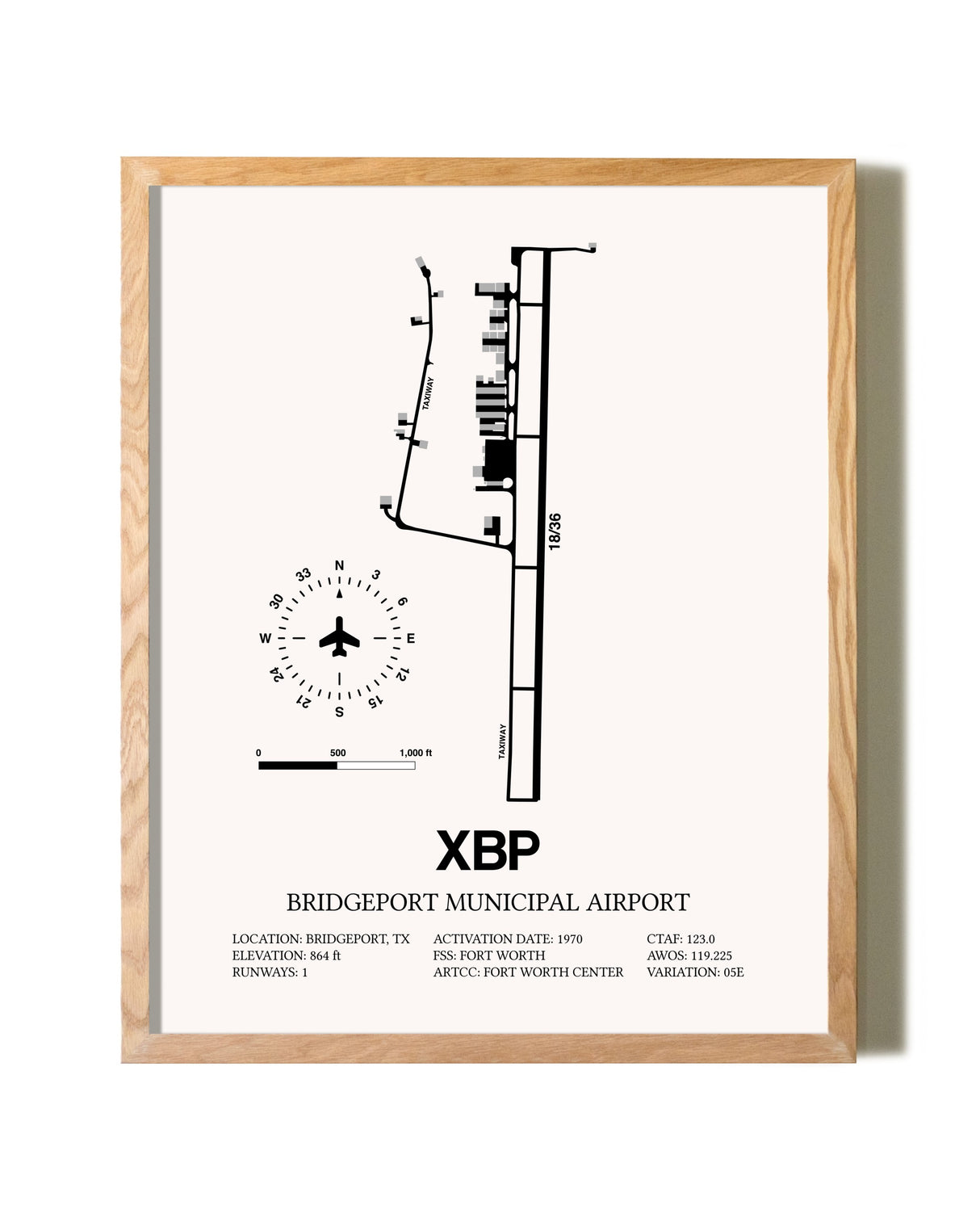 Bridgeport Municipal Airport framed print in natural wood frame