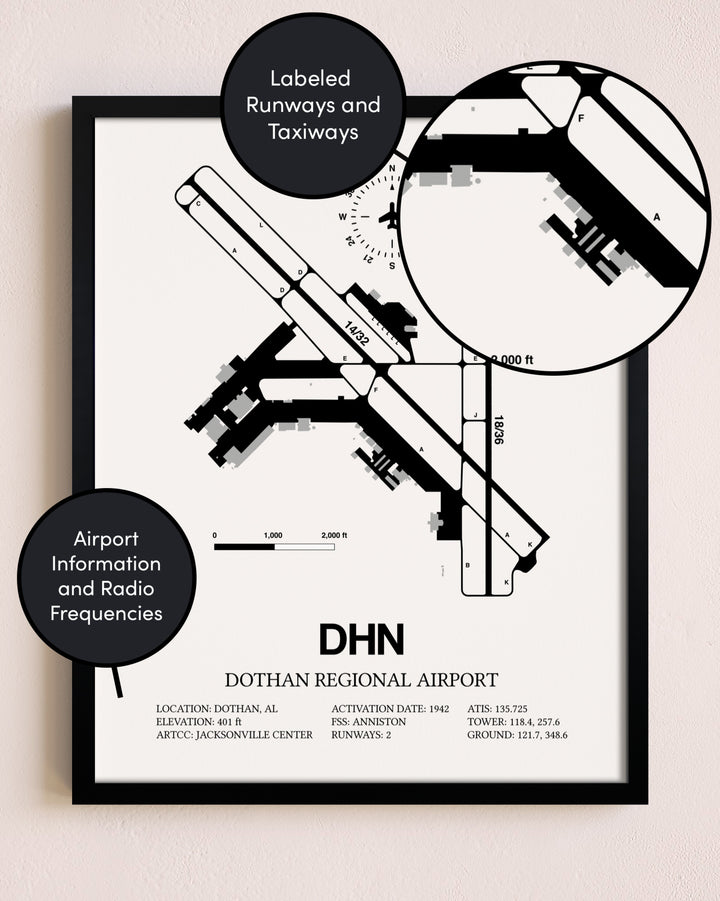 Framed Dothan Regional Airport layout wall art poster