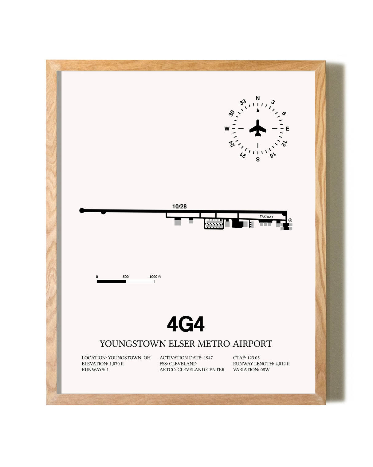 Youngstown Elser Metro Airport framed print in natural wood frame