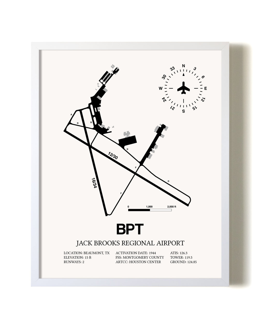 Jack Brooks Regional Airport airport map poster in oak frame
