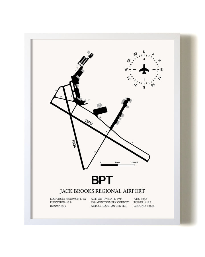 Jack Brooks Regional Airport airport map poster in oak frame