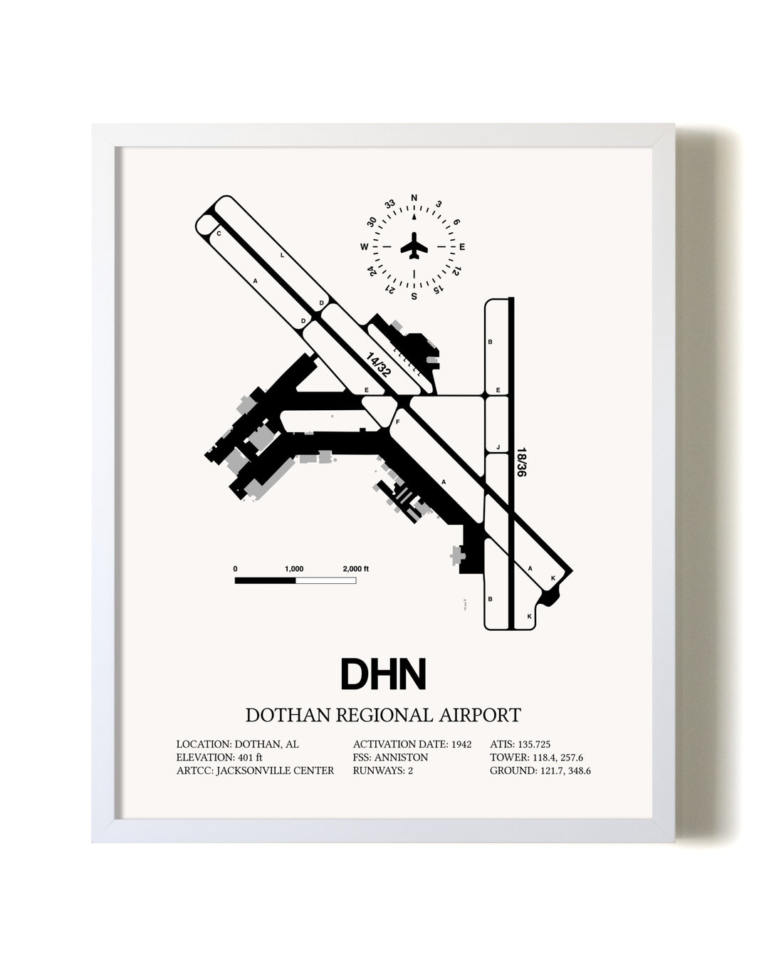 Dothan Regional Airport airport map poster in oak frame