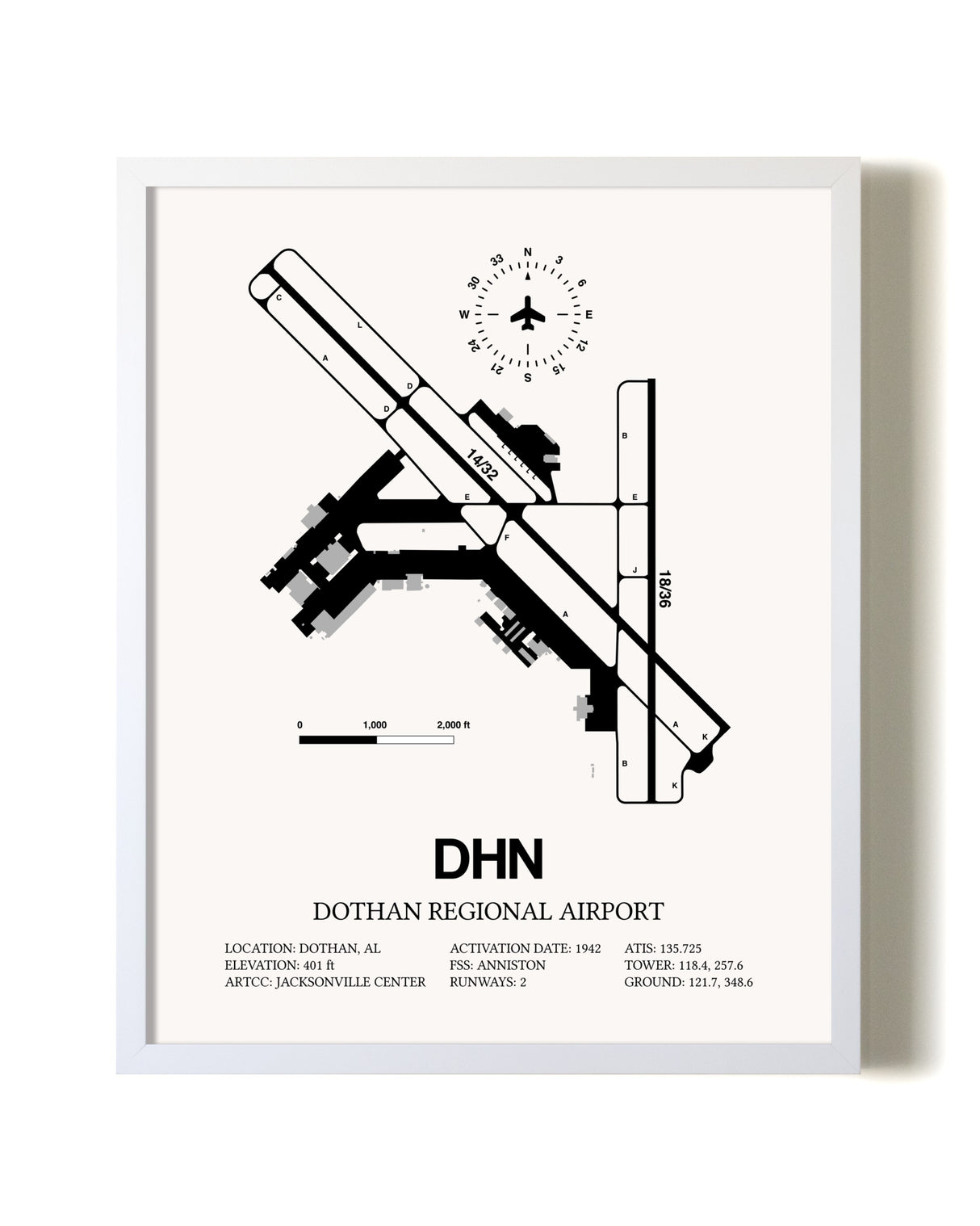 Dothan Regional Airport airport map poster in oak frame