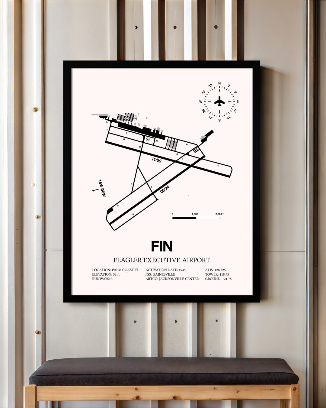 Flagler Executive Airport framed poster displayed in an airplane hangar