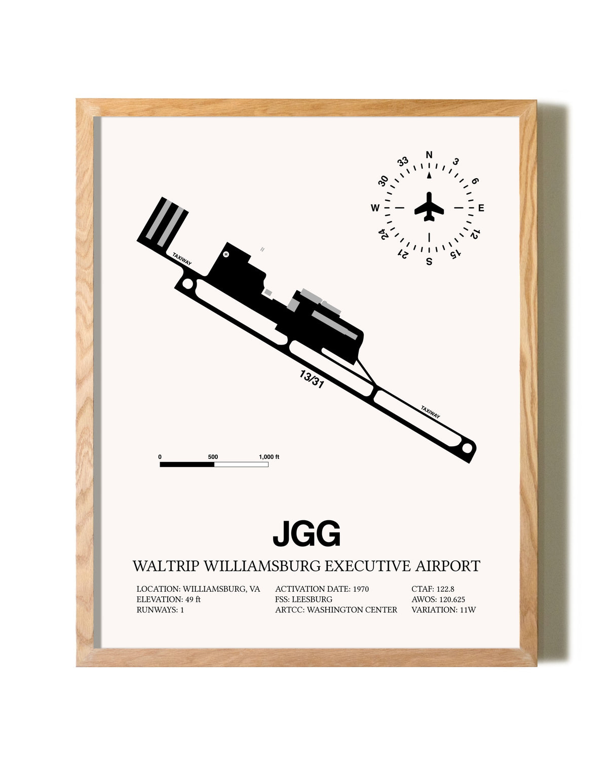 Waltrip Williamsburg Executive Airport framed print in natural wood frame