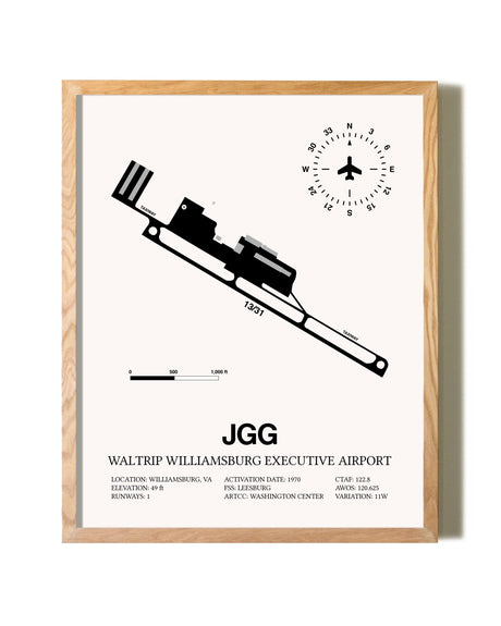 Waltrip Williamsburg Executive Airport framed print in natural wood frame