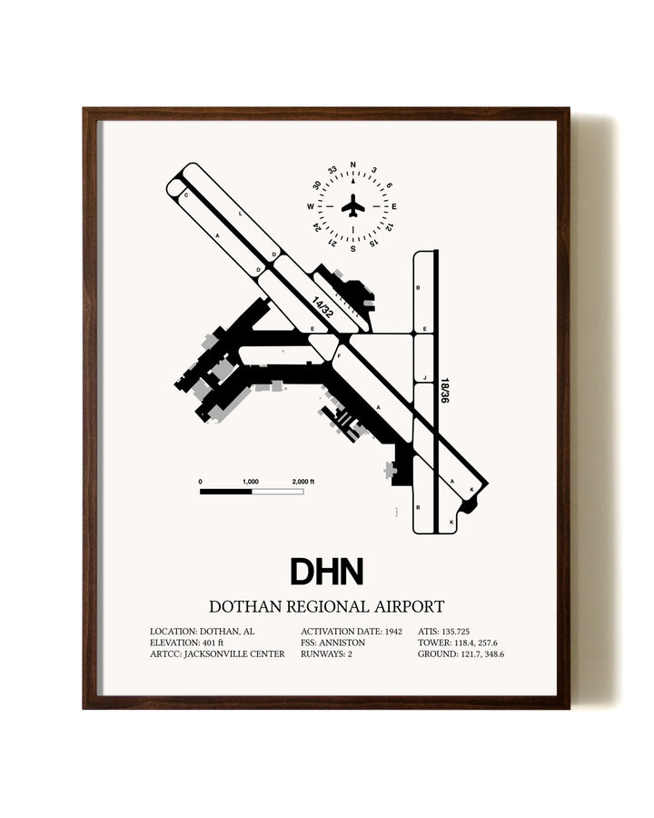 Dothan Regional Airport aviation print in walnut frame