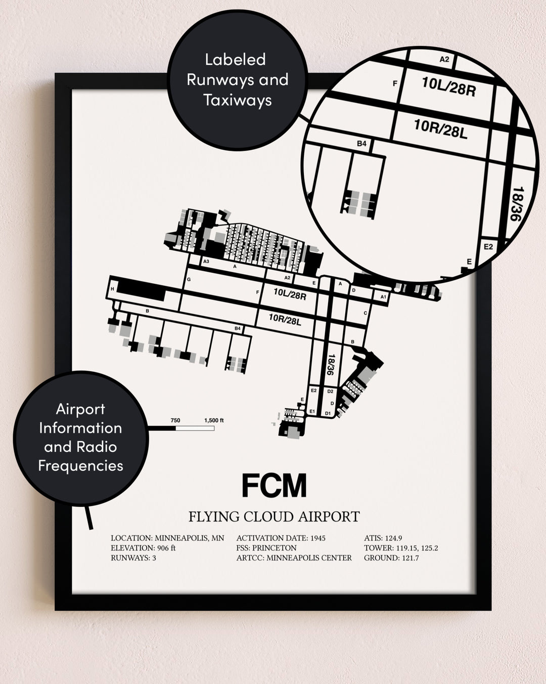 Framed Flying Cloud Airport layout wall art poster