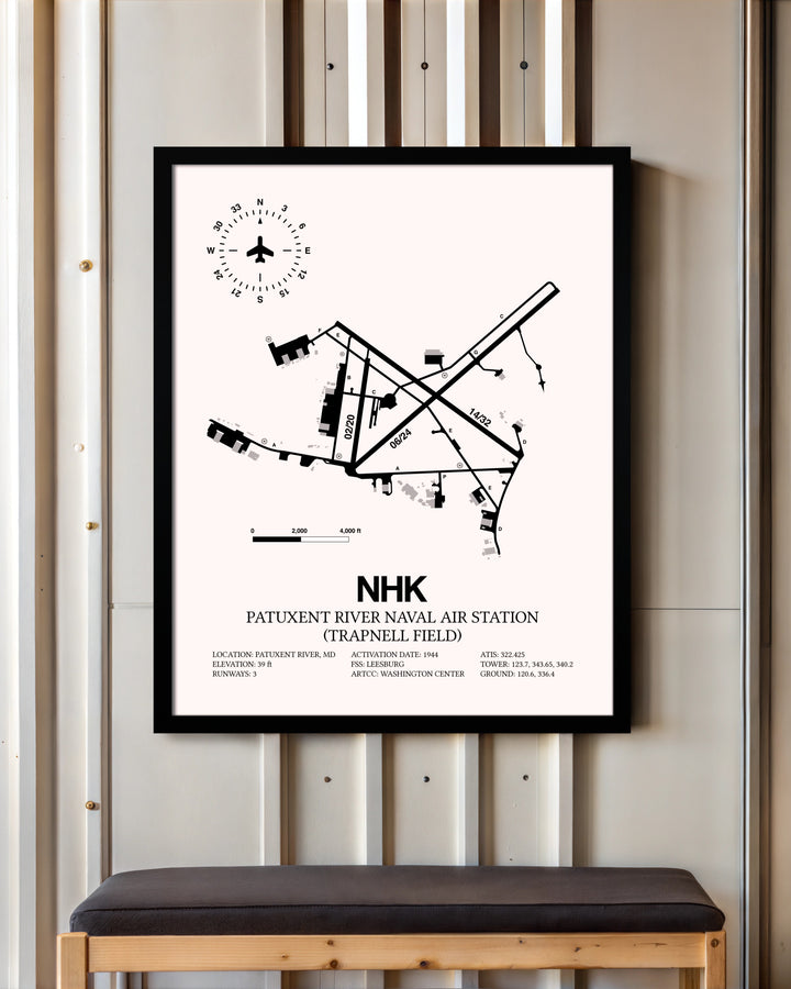 Patuxent River Naval Air Station (Trapnell Field) framed poster displayed in an airplane hangar