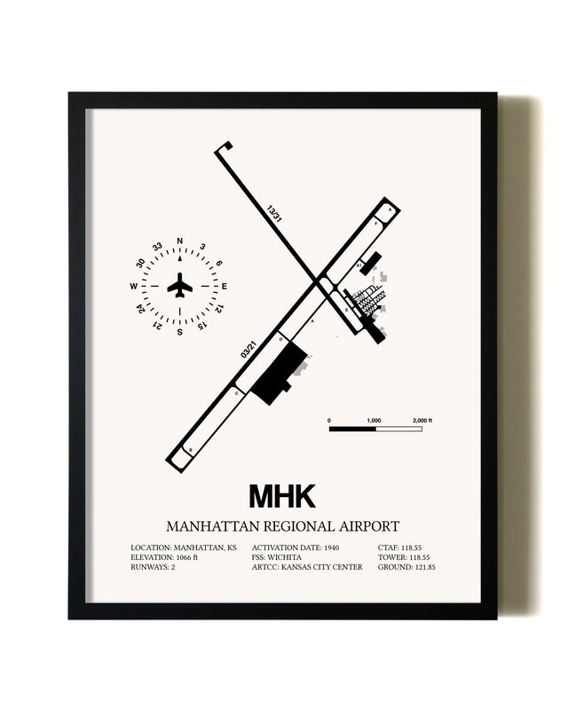 Framed Manhattan Regional Airport wall art poster in black frame
