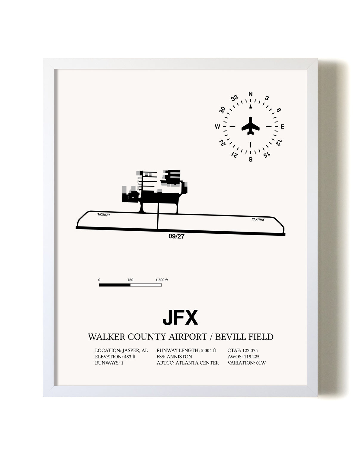 Walker County Airport / Bevill Field airport map poster in oak frame