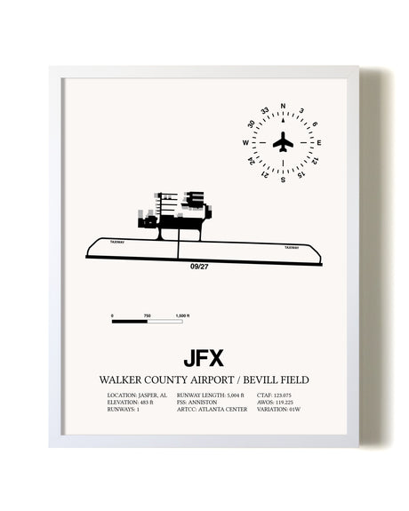 Walker County Airport / Bevill Field airport map poster in oak frame