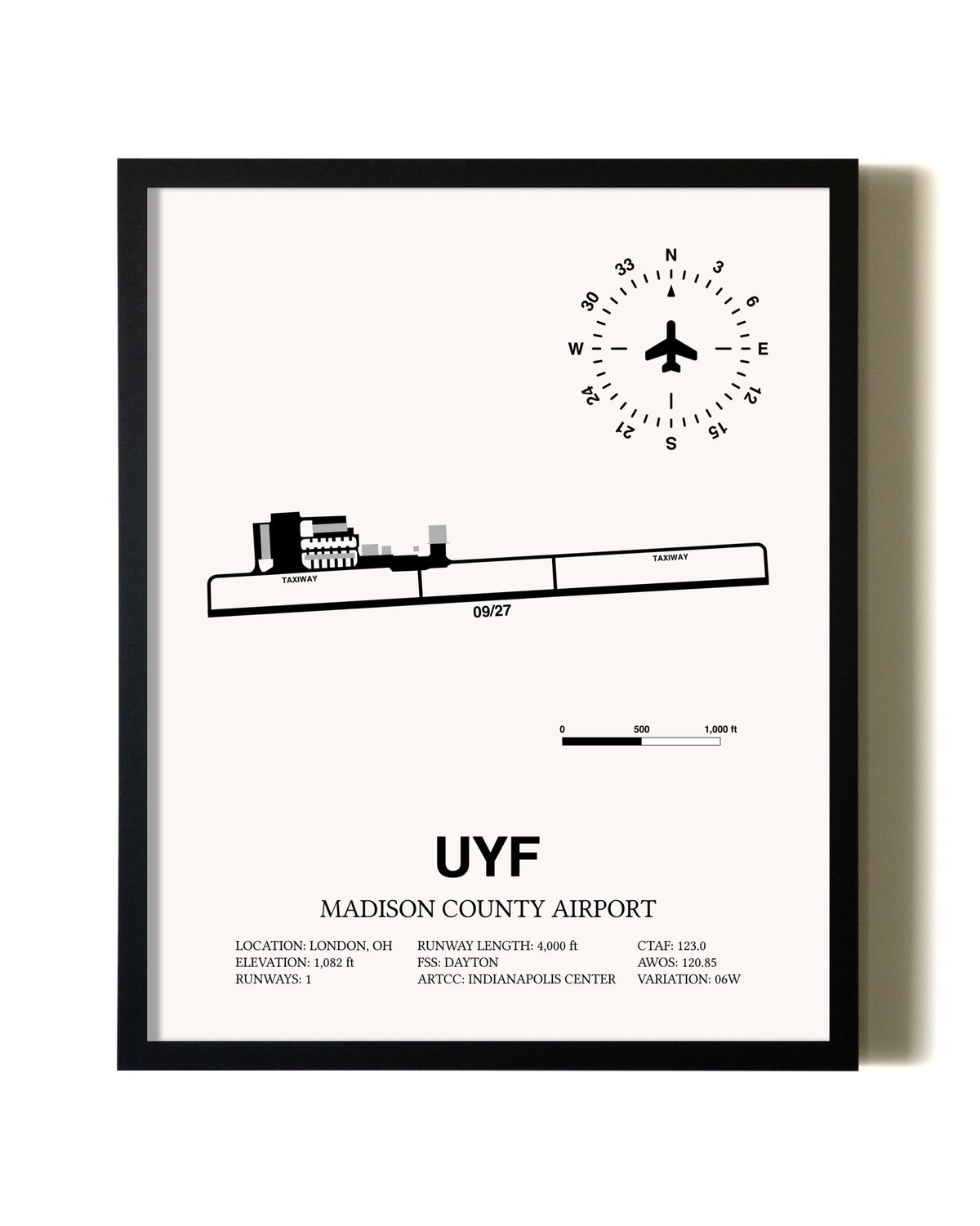 Framed Madison County Airport wall art poster in black frame