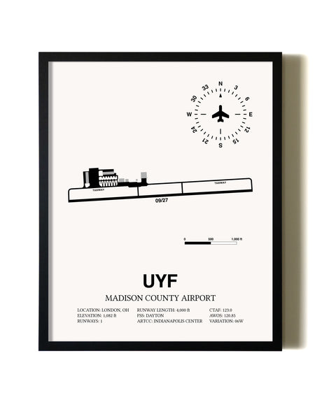 Framed Madison County Airport wall art poster in black frame