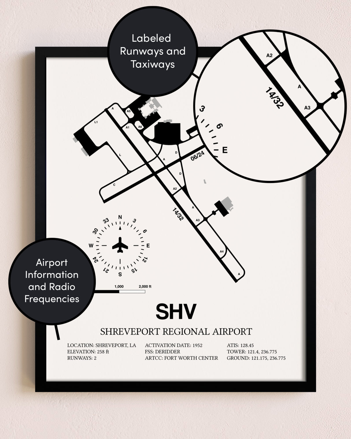 Framed Shreveport Regional Airport layout wall art poster