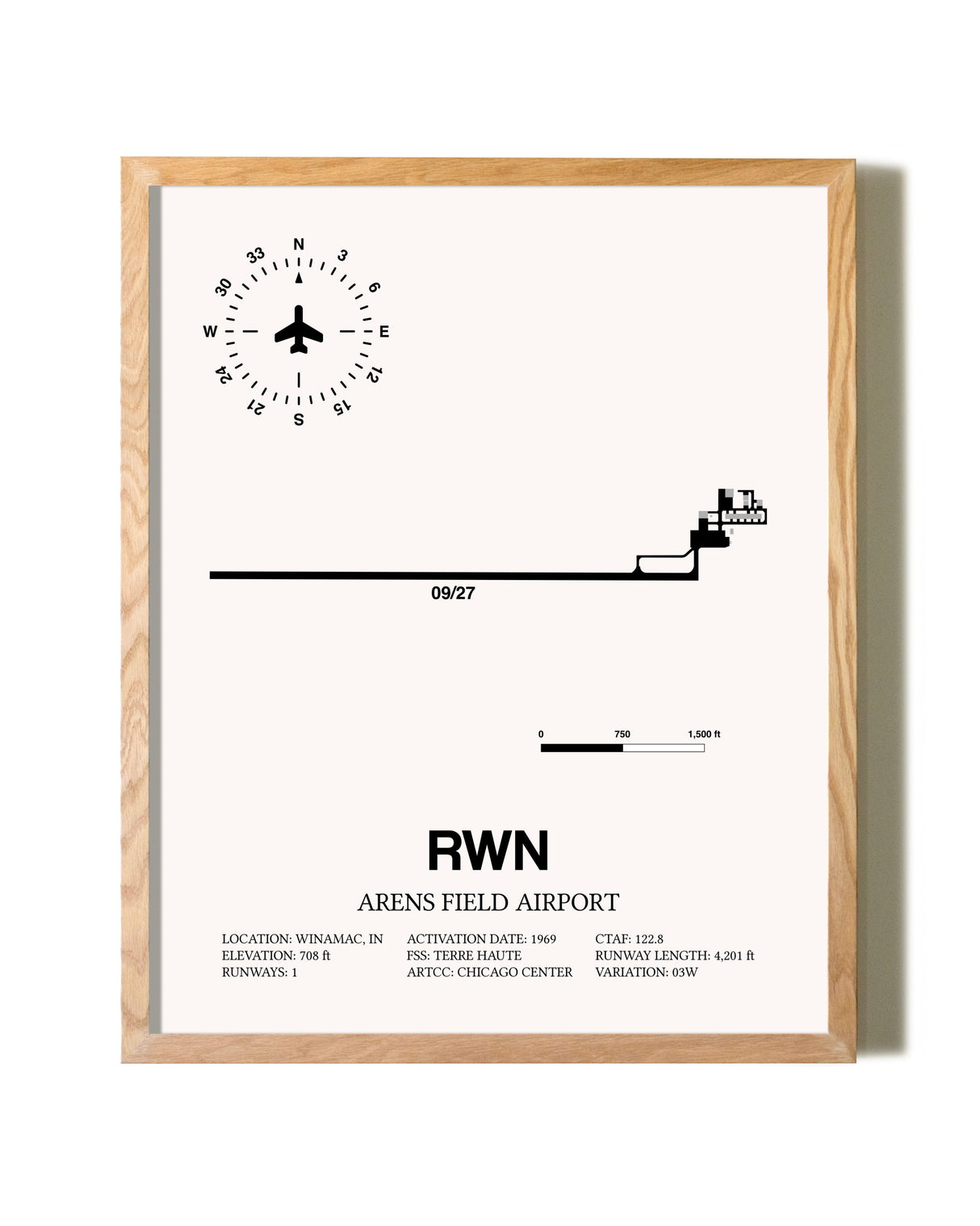 Arens Field Airport framed print in natural wood frame