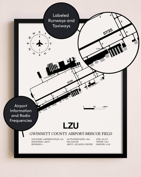 Framed Gwinnett County Airport-Briscoe Field layout wall art poster